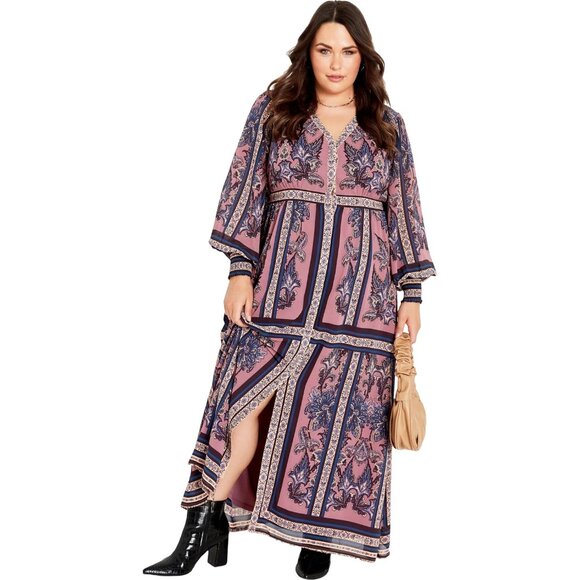 Womens Maxi Dress Polyester Dusk Plus Size Long Sleeves Elegant V-Neck - Picture 1 of 5